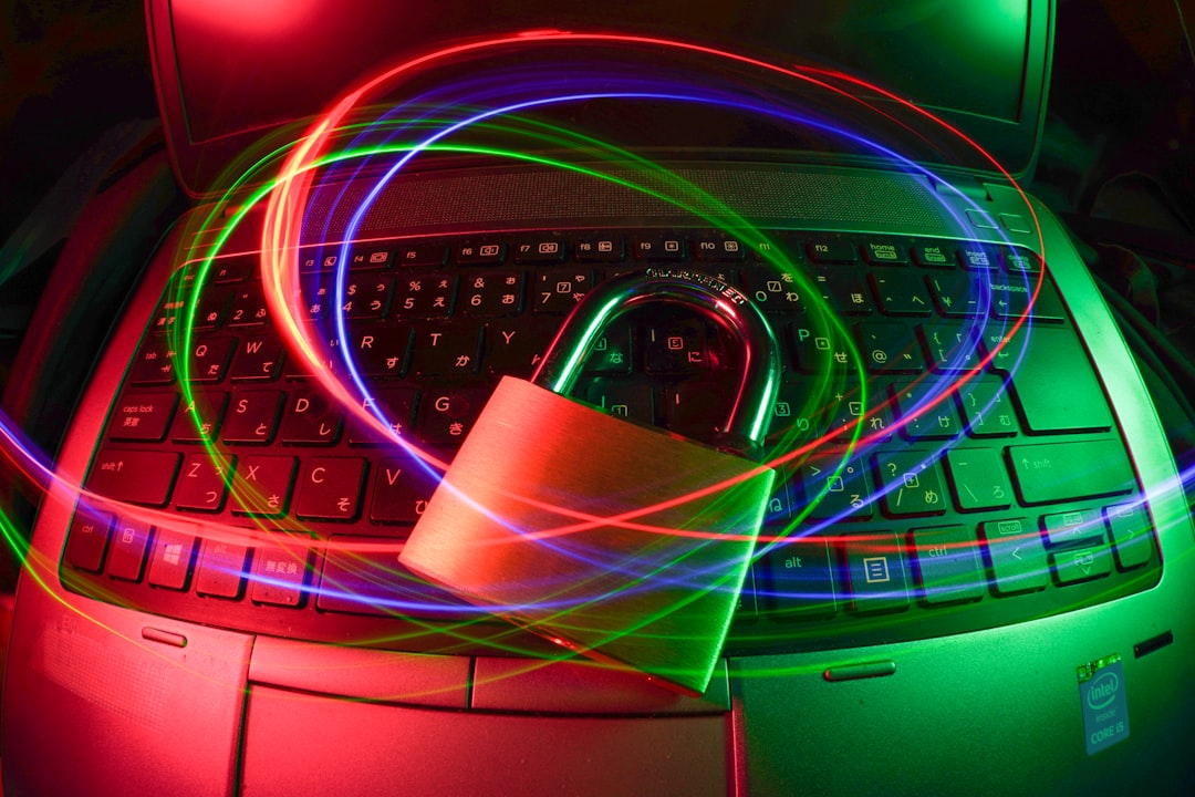 Padlock on laptop with light trails representing secure browser connection